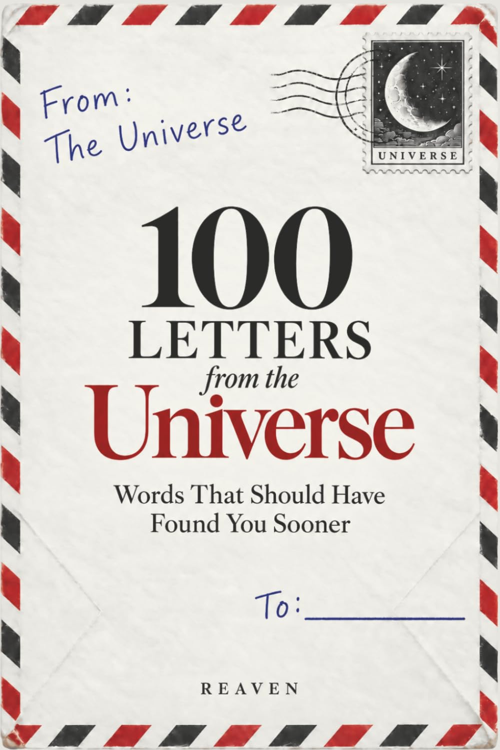 100 Letters from the Universe: cream envelope cover with a moon stamp